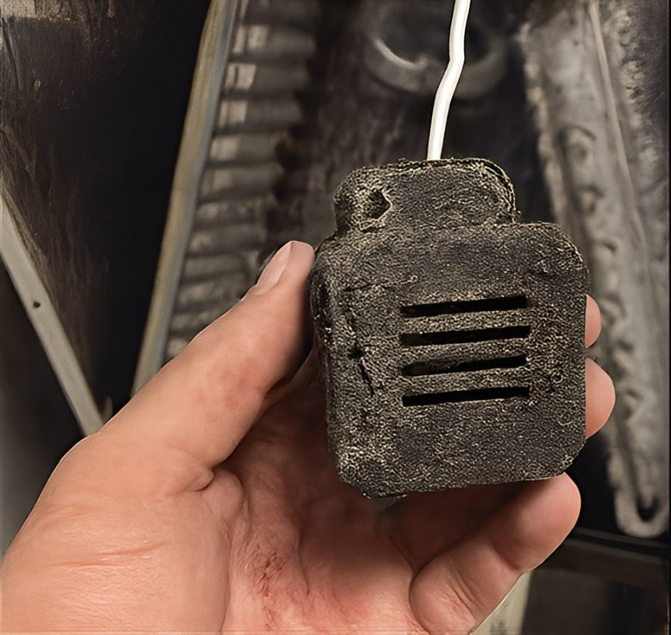 Hand holding a dirty, dusty filter or vent cover.