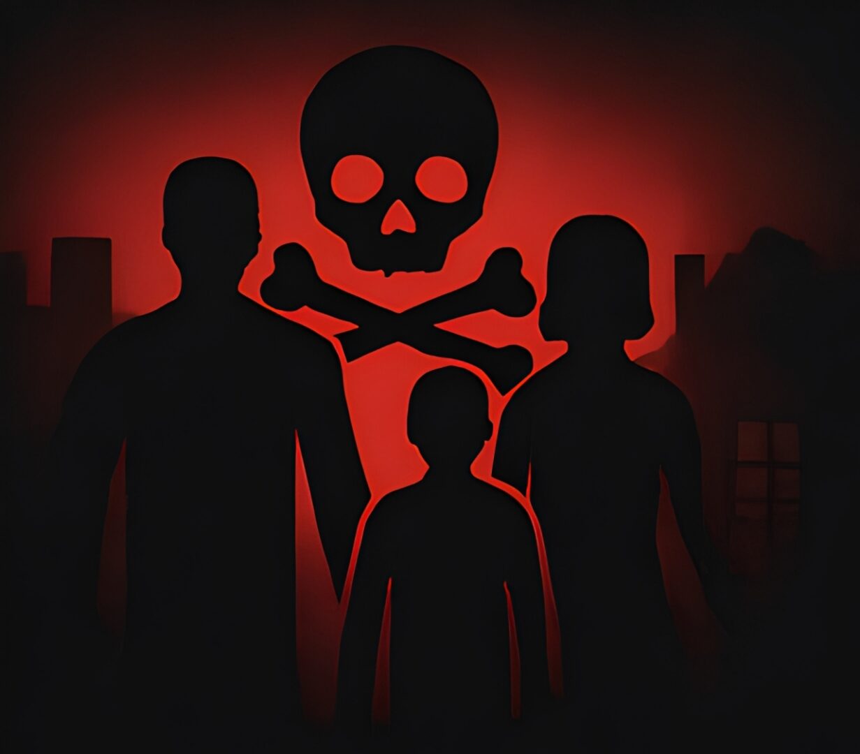 Silhouettes of a family with a skull and crossbones symbol in the background.